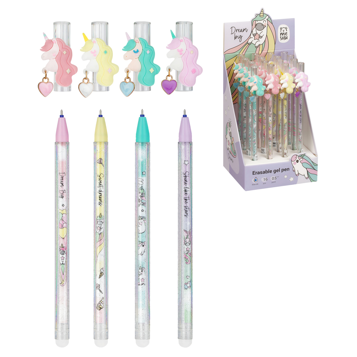 Ручка гелевая стираемая MESHU "Lovely unicorn" синяя, 0,5мм, корпус ассорти, с топпером