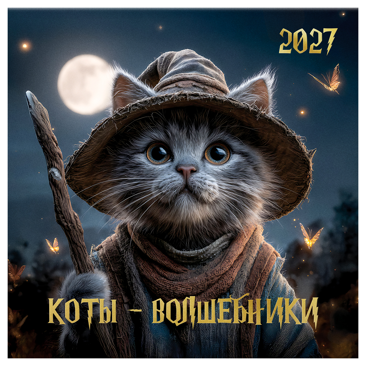 Календарь настенный перекидной на скрепке, 290*290 мм 12л. BG "Коты-волшебники", 2027г.